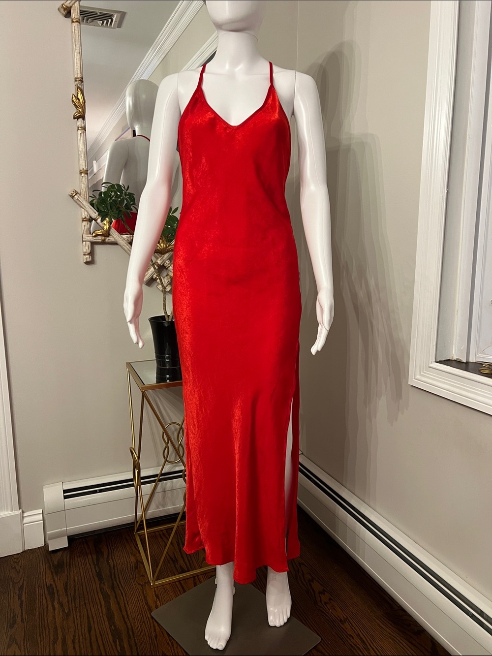 Tiger Mist Red Satin Maxi Slip Dress with Side Slit